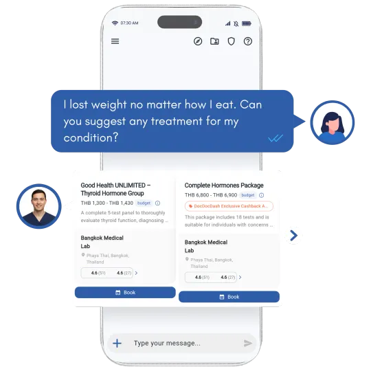 Dash AI showing matched clinics and treatment options with pricing