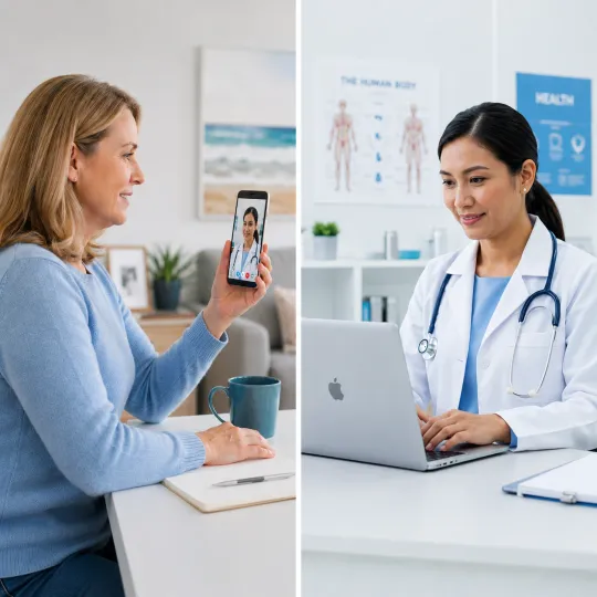Patient on video teleconsult with doctor for post-treatment aftercare