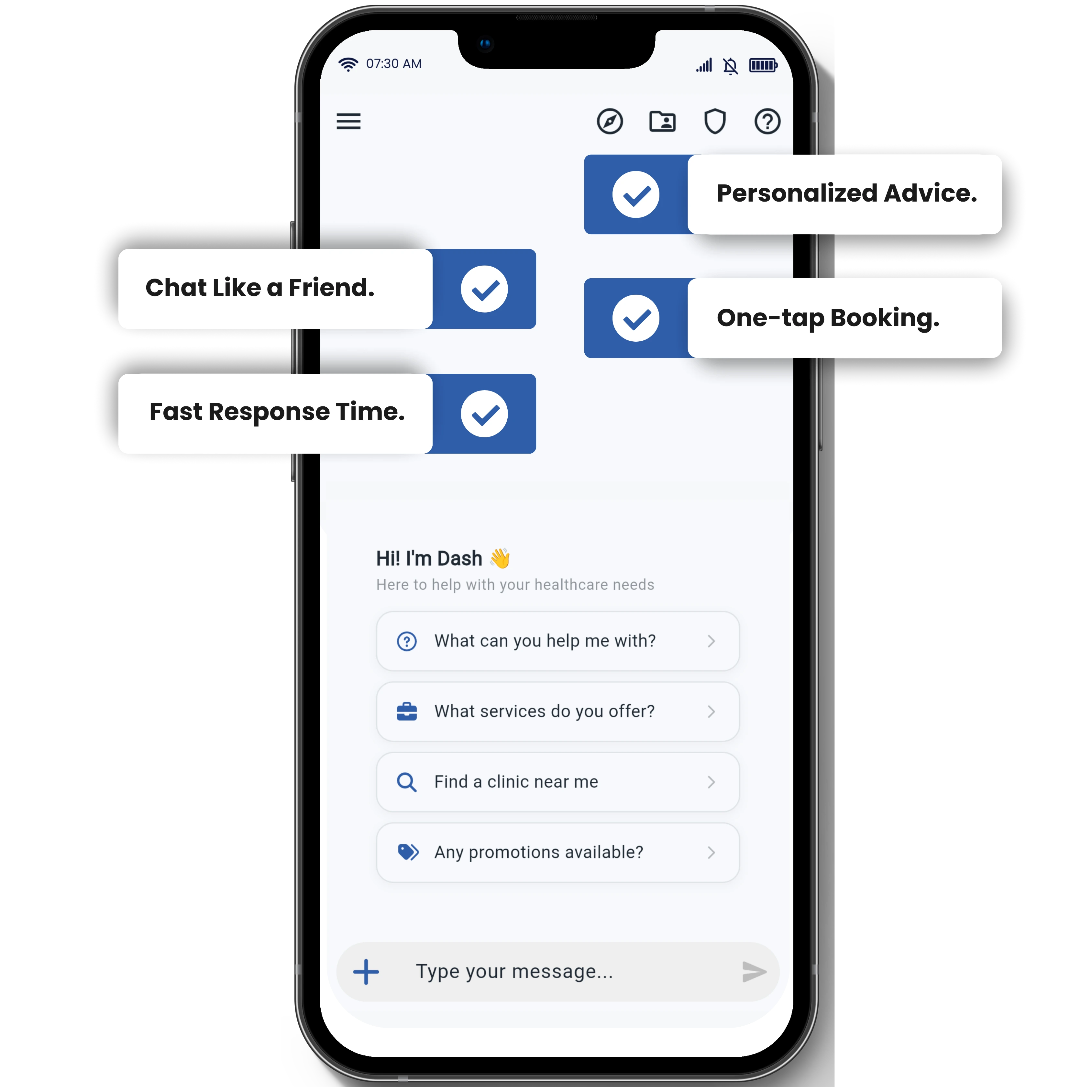 Dash AI chat interface showing personalized advice and fast response