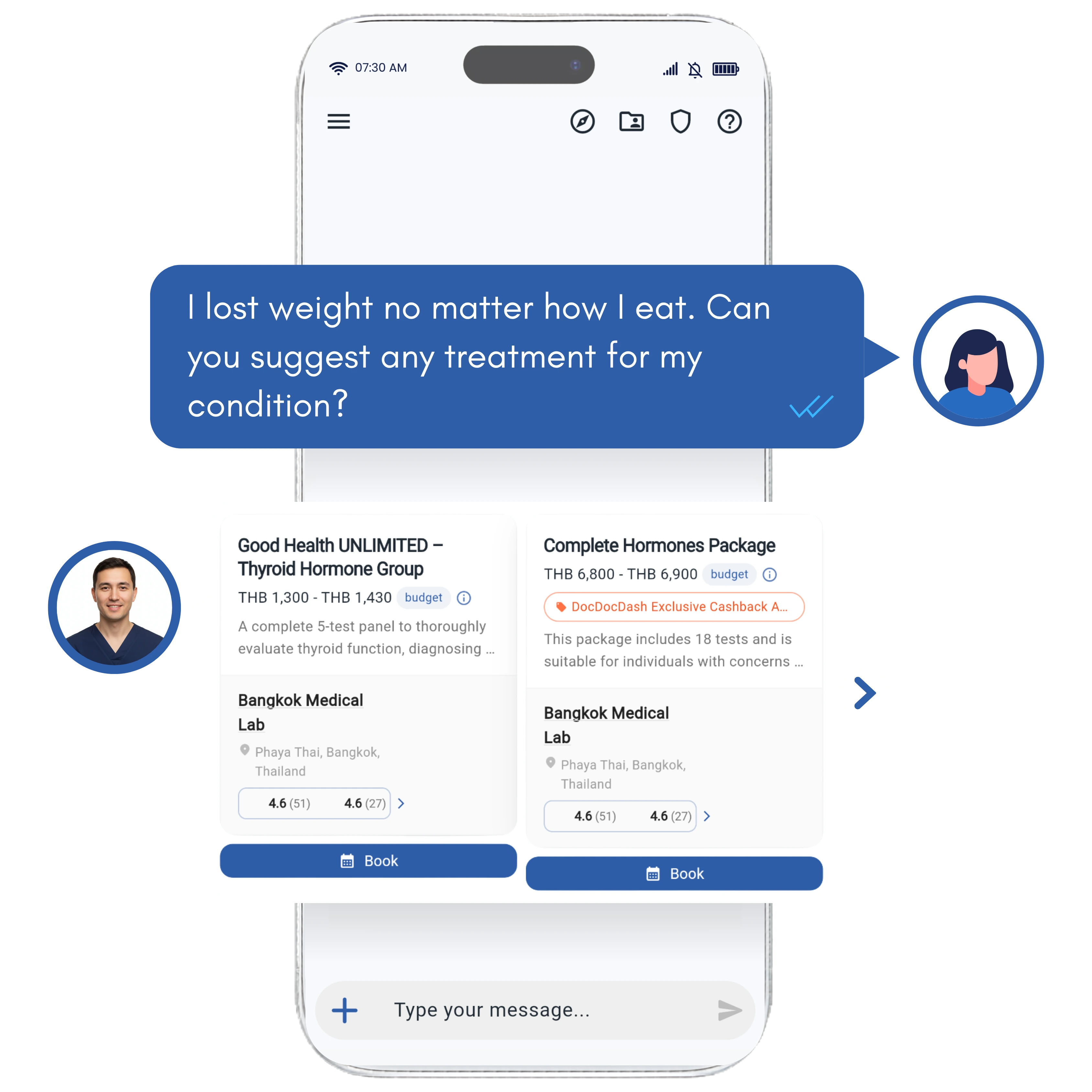 Dash AI showing matched clinics and treatment options with pricing